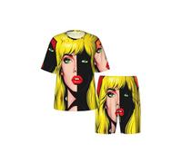 CNTDBU Pigiama da uomo con ritratto pop art, pantaloncini a maniche corte, morbido e traspirante, abbigliamento estivo leggero con tasche per la casa, Nero , XL