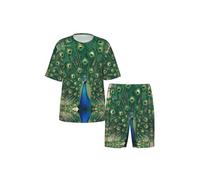 CNTDBU Set pigiama da uomo a maniche corte con coda di pavone dorata, biancheria da notte estiva traspirante morbida, abbigliamento da casa leggero con tasche per la casa, Nero , S