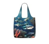 CNTDBU Sharks under the sea - Borsa per la spesa, leggera, riutilizzabile, pieghevole, per generi alimentari, zaino da viaggio con coulisse, per lavoro e palestra