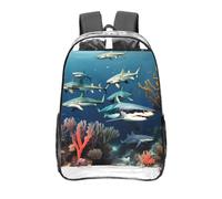CNTDBU Sharks under the sea Zaino trasparente da 16 pollici in PVC trasparente approvato dallo stadio, tasca frontale con stampa all-over, zaino da viaggio leggero unisex