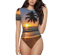 CNTDBU Sunset Beach - Body da donna a maniche corte, morbido, elasticizzato, con scollo rotondo, con cavallo a scatto, top versatile per jeans, gonne, pantaloni, uso quotidiano, Nero , XXL