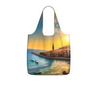 CNTDBU Sunset in Barcelona - Borsa per la spesa pieghevole, leggera, riutilizzabile, per generi alimentari, 25 l, con coulisse, per lavoro e palestra