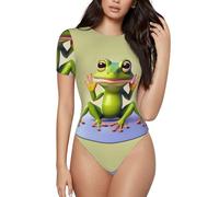 CNTDBU The funny frog doing yoga - Body da donna a maniche corte, morbido elasticizzato, con scollo rotondo e cavallo a scatto, top versatile per jeans, gonne, pantaloni, uso quotidiano, Nero , XL