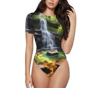 CNTDBU Waterfall Views - Body da donna a maniche corte, morbido, elasticizzato, con scollo rotondo, con cavallo a scatto, top versatile per jeans, gonne, pantaloni, uso quotidiano, Nero , L