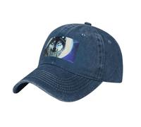 CNTDBU Wolf Under Moon Berretto da baseball nero in denim lavato - classico visiera curva regolabile snapback morbido cotone casual 7 colori per uomo donna outdoor, blu navy, Taglia unica