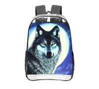 CNTDBU wolf under moon - Zaino trasparente da 40,6 cm, in PVC, approvato dallo stadio, tasca frontale con stampa all-over, leggero zaino da viaggio unisex