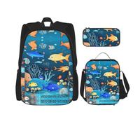 CNTDBU Zaino blu subacqueo mondo dei pesci borsa per il pranzo Set 3 in 1 borsa da viaggio per pendolari, borsa termica per il pranzo per lavoro con custodia per laptop