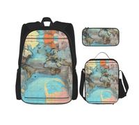 CNTDBU Zaino con mappa del mondo dei cartoni animati, borsa per il pranzo, set 3 in 1, borsa da viaggio per pendolari, borsa termica per il pranzo per lavoro con custodia per laptop