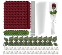 CNYMANY - Set di 191 petali di rosa premade in nastro di raso, artificiali, semilavorati, con steli verdi, foglie, nastro, bouquet di fiori rossi fai da te per matrimoni, proposte di feste