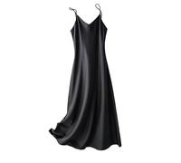 CNYMFF Vestito Donna Elegante Abito in Sospensione Satinato Acetato di Primavera Ed Estate per Donne A metà Lunghezza con Gonna di Fondo-Nero-m