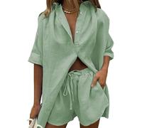 Co Ord Set da donna estivo a due pezzi con pantaloncini e camicia tuta leggera fluida tinta unita casual set da salotto, Verde, M