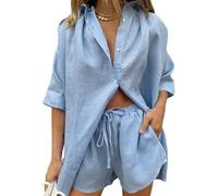 Co Ord Set da donna estivo a due pezzi con pantaloncini e camicia tuta leggera fluida tinta unita casual set da salotto, Azzurro, S