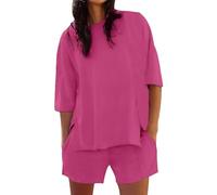 Co Ord Set da donna per viaggi estivi, set tinta unita camicie a mezza manica con scollo rotondo pantaloncini corti con tasche leggero Activewear comodo abbigliamento da salotto abiti sportivi alla
