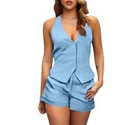 Co Ord Set da donna Petite, canotte con bottoni, scollo a V, senza maniche, canotta a gamba larga, gilet da donna, pantaloncini sartoriali con tasche, abbigliamento da aeroporto, casual, ufficio