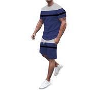 Co Ord - Set da uomo composto da camicia e pantaloncini, magliette a righe colorate con coulisse elastica in vita e tasche, set completo da uomo per spiaggia, vacanze, allenamento, yoga, palestra
