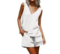 Co Ord Set per pantaloncini da festa da donna, canotte senza maniche con scollo a V profondo, vestibilità ampia, pantaloni a gamba larga, pantaloni corti con tasche, abbigliamento da spiaggia estivo