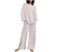 Co Ords Set da donna in lino UK, a maniche lunghe, per il tempo libero | Set da donna in lino da 2 pezzi, comodo set da salotto con scollo rotondo e pantaloni a gamba larga, tuta casual