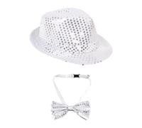 COACOM 1 Cappello Da Festa Con Paillettes E 1 Papillon, Argento Lucido E Accattivante, Leggero, Comodo E Non Afoso, Oggetti Di Scena E Accessori, Travestimenti Da Discoteca E Giochi Di Ruolo.