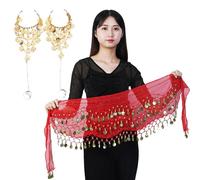 COACOM 1 collana per danza del ventre con 2 braccialetti, accessori per danza, cintura avvolgente con paillettes, triplo strato di moneta d'oro, cintura drappeggio da donna, in chiffon, per feste,