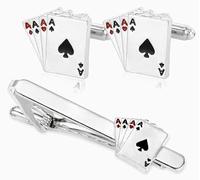 COACOM 1 Paio Di Gemelli Per Carte Da Gioco In Argento, 1 Pezzo Di Fermacravatta Per Carte Da Gioco, Gemelli Di Picche A Forma Di A, Fermacravatta In Metallo, Accessori Per Abiti Da Uomo.