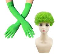 COACOM 1 Paio di Guanti Lunghi Verdi, 1 Pezzo di Parrucca alla Testa Esplosiva, Semplici E alla Moda, Guanti da Abbigliamento per Spettacoli Teatrali, Accessori per Abbigliamento da Festa Neon.
