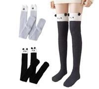 COACOM 2 paia di calzini morbidi sopra il ginocchio da donna, graziosi calzini in design panda, nero, orsacchiotto grizzly, calze di peluche, ispessite, calde cosce, nero, grigio, Taglia unica