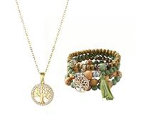 COACOM 4 Bracciali Albero della Vita E 1 Collana d'oro, Perline in Stile Bohémien, Braccialetto Elastico con Nappe Intrecciate, Squisito Regalo Ricordo.