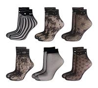 COACOM 6 Paia di Calzini a Rete Neri, Sexy in Pizzo, 6 Tipi, Calze da Donna Sottili alla Moda, Nero, Taglia Unica