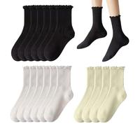COACOM 8 Paia di Calzini da Donna Con Volant, in Cotone Pieghettato, Calzini a Pelo Carino, Elastici a Metà Polpaccio (Nero, Bianco, Bianco Latteo), L