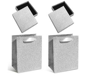 COACOM Scatole Regalo in Argento da 2 Pezzi E Sacchetti di Carta da 2 Pezzi, Scatole di Gioielli in Stile Cassetto Lucido, Sacchetti di Imballaggio, Souvenir di Nozze Abbinati.