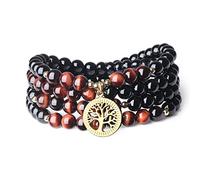 COAI Bracciale Collana 108 Perle Mala in Onice e Occhio di Tigre Rosso con Amuleto Albero della Vita in Acciaio Inox, Bracciale Multistrato Unisex in Pietre Naturali Benefiche