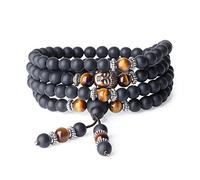 COAI Bracciale Collana 108 Perle Mala in Onice Opaca e Occhio di Tigre Marrone con Inserto Testa del Buddha, Bracciale Rosario da Preghiera in Pietre Naturali