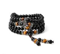 COAI Bracciale Collana 108 Perle Mala in Onice Opaco con Inserti in Occhio di Tigre Marrone e Amuleto Mano di Fatima in Argento Vintage