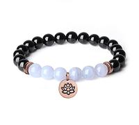 COAI Bracciale da Donna Bilanciamento Reiki in Tormalina Nera e Agata Azzurra Venata con Charm Fiore di Loto Bronzo