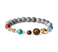 COAI Bracciale da Donna in Diaspro Grigio con Pianeti del Sistema Solare, Bracciale Elastico Protettivo in Pietre Naturali Benefiche Unisex Taglia M