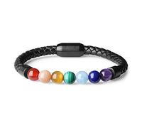 COAI Bracciale da Uomo e da Donna in Pelle Intrecciata con Perle Mala Naturali Sette Chakra, Bracciale con Chiusura Magnetica in Acciaio Inox Taglia M