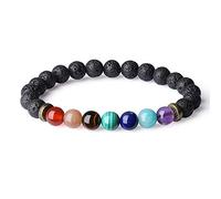COAI Bracciale Elastico in Pietra Lavica e Pietre Sette Chakra, Bracciale in Pietre Naturali Equilibrio Reiki, Taglia S