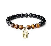 COAI Bracciale Mano di Fatima con Tormalina Nera e Occhio di Tigre Marrone, Bracciale Unisex con Amuleto Portafortuna e Pietre Benefiche