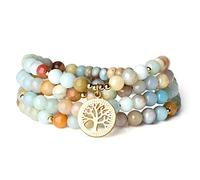 COAI Bracciale Multistrato con 108 Grani Mala in Amazzonite Sfaccettata con Ciondolo Albero della Vita in Acciaio Inox, Collana Rosario Mala Unisex in Pietre Dure Naturali