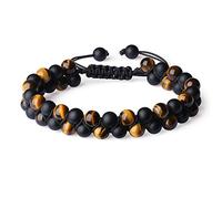 COAI Bracciale Unisex Doppio Strato con Perle in Onice Opaca e Occhio di Tigre Marrone, Bracciale Regolabile con Pietre Alternate