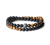COAI Bracciale Unisex Doppio Strato con Perle in Onice Opaca e Occhio di Tigre Marrone con Amuleto Shou della Longevità in Argento Vintage