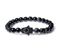 COAI Bracciale Unisex in Ossidiana con Amuleto Mano Hamsa, Bracciale Protettivo da Preghiera in Pietre Naturali