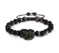 COAI Bracciale Unisex in Ossidiana Oro con Amuleto Volpe, Bracciale Regolabile in Pietre Naturali Taglia M