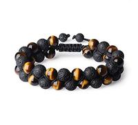 COAI Bracciale Uomo con Perle in Pietra Lavica e Occhio di Tigre Marrone, Bracciale Pietre Naturali da Uomo Doppio Strato Lunghezza Regolabile