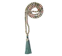 COAI Collana Buddista con 108 Perle Mala in Unakite Annodate a Mano con Nappa Verde e Amuleto OM 8mm