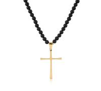 COAI Collana Crocifisso da Uomo con Perline di Onice Opaca e Ciondolo Croce Dorata, Collana di Perle Nere da Uomo