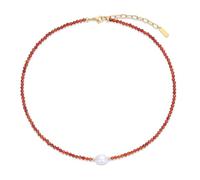 COAI Collana da Donna con Piccole Perline Sfaccettate di Cristalli Naturali di Corniola e Perla Vera di Acqua Dolce, Collana di Corniola Rossa da Donna
