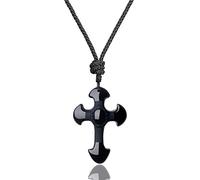 COAI Collana da Uomo con Croce in Ossidiana Nera, Collana Pendente Unisex Regolabile in Pietre Naturali