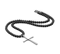 COAI Collana da Uomo con Perle di Onice Opaco e Ciondolo Crocifisso in Acciaio Inox, Collana Rosario da Uomo in Pietre Dure Naturali