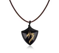 COAI Collana da Uomo in Vera Pelle Italiana con Pendente Scudo di Ossidiana Arcobaleno con Drago Intagliato, Collana Ossidiana da Uomo